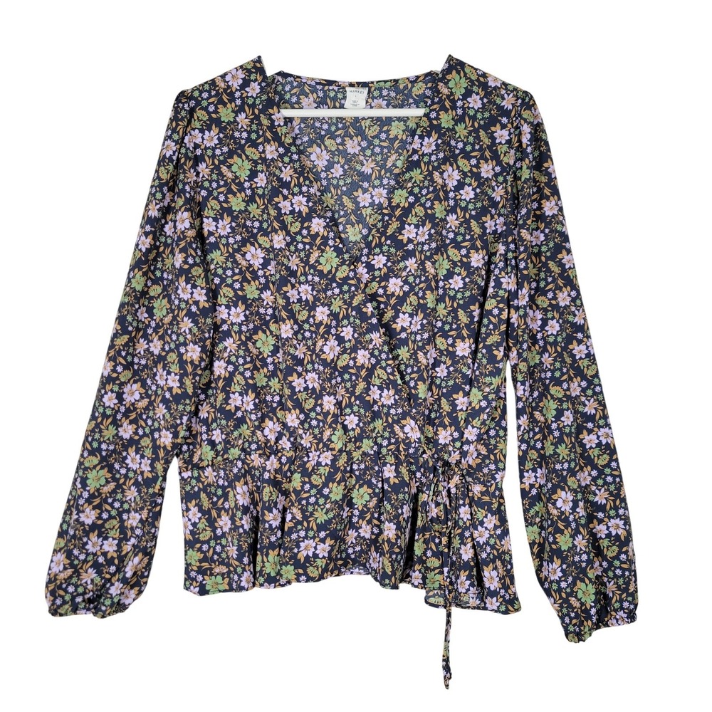 Melrose and Market Wrap Blouse Women Large Navy Blue Floral Peplum Long Sleeve